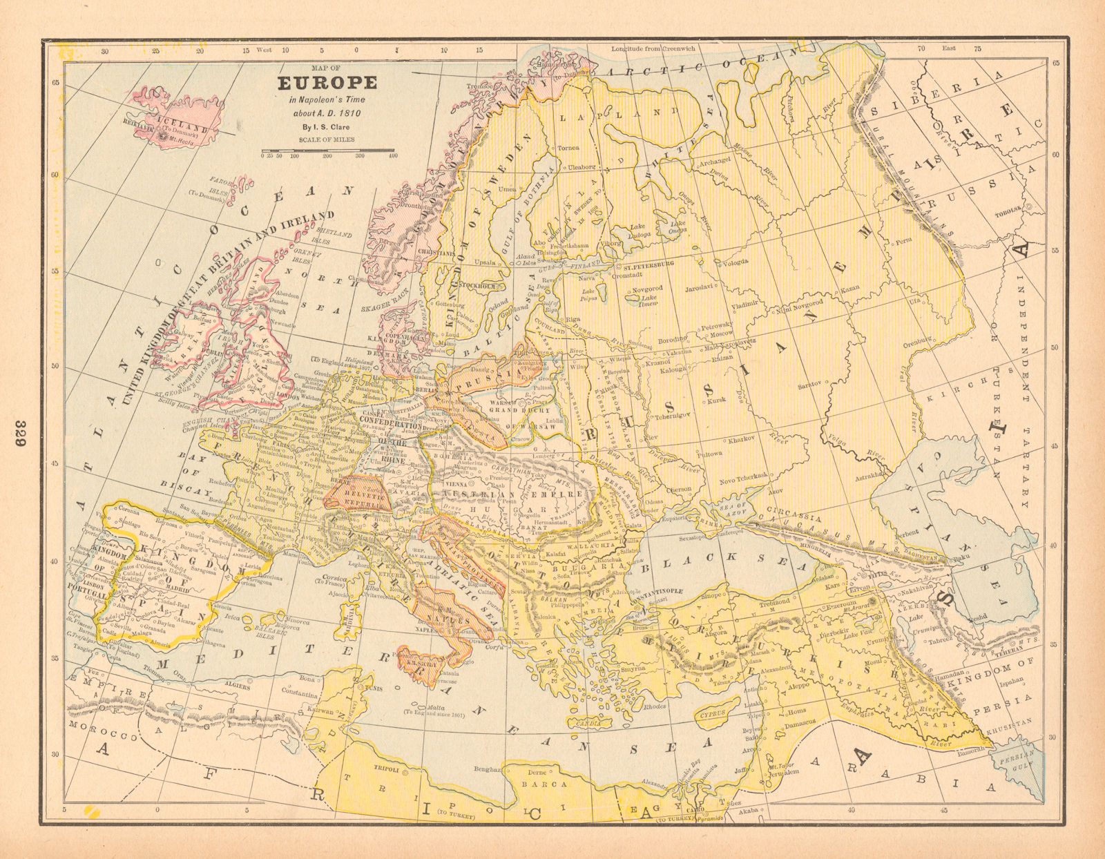 Map of Europe in Napoleon's Time, about AD 1810. CLARE 1894 old antique